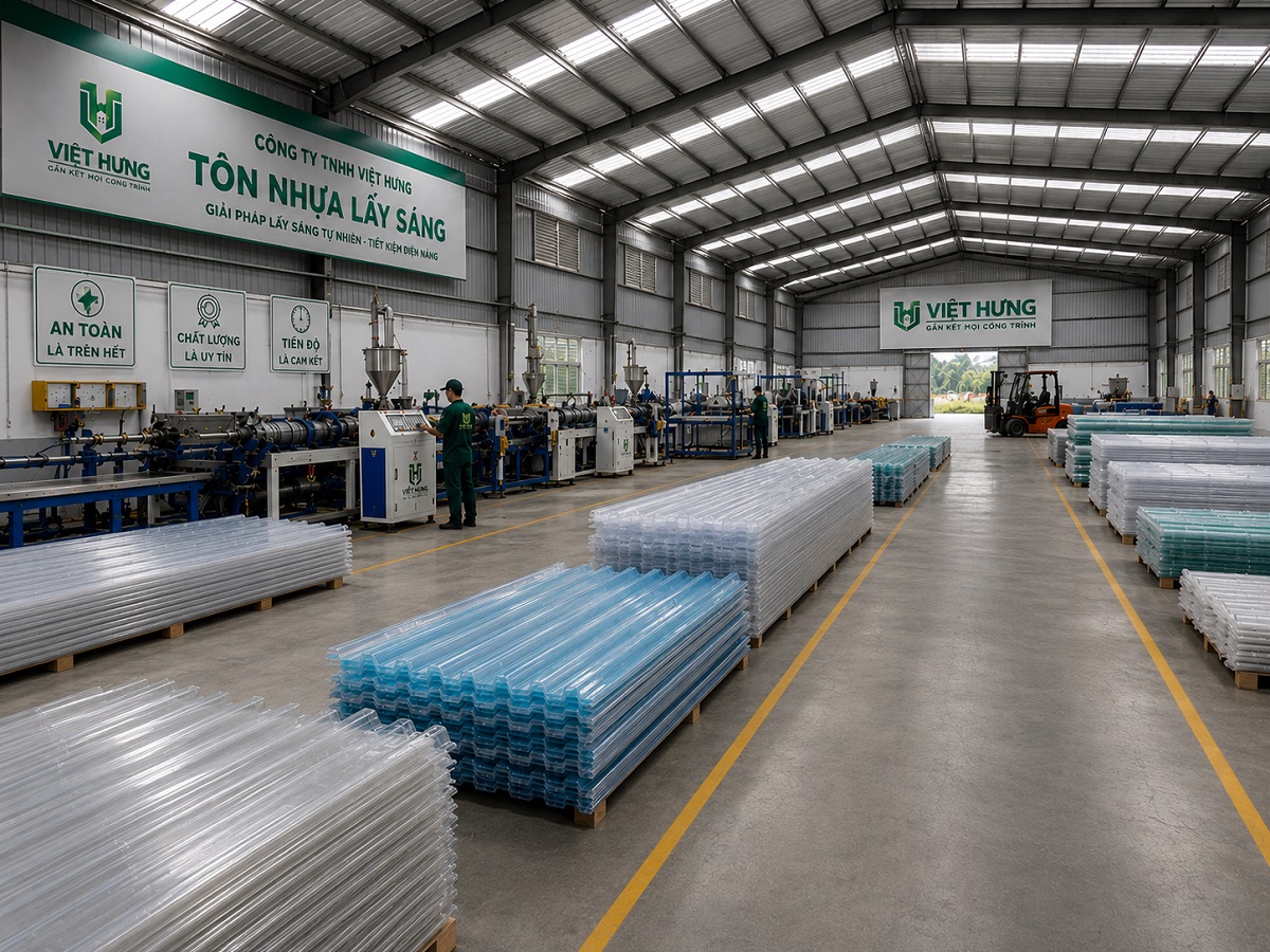 Nhà máy sản xuất tôn nhựa lấy sáng sợi thủy tinh composite và Polycarbonate